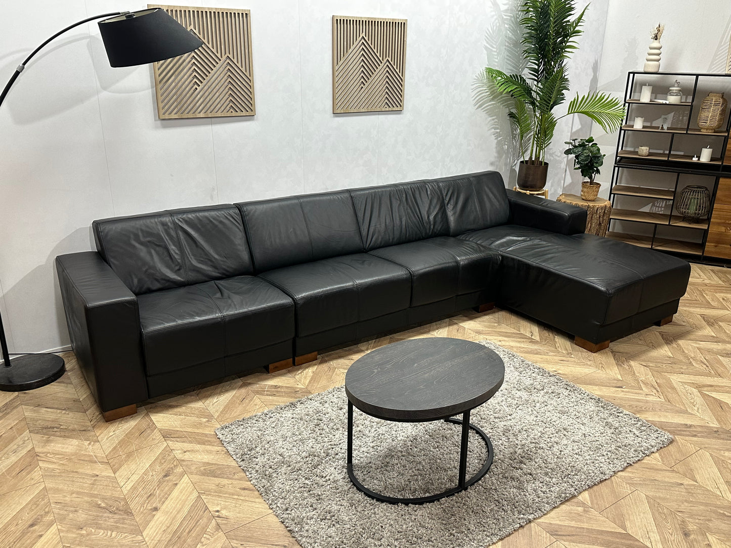 Zwarte Echt Lederen Hoekbank ~ Vaste Kussens