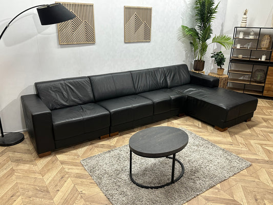 Zwarte Echt Lederen Hoekbank ~ Vaste Kussens