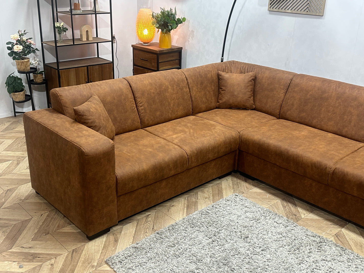 !Showroommodel! Cognac Bruine Suède Stoffen Hoekbank