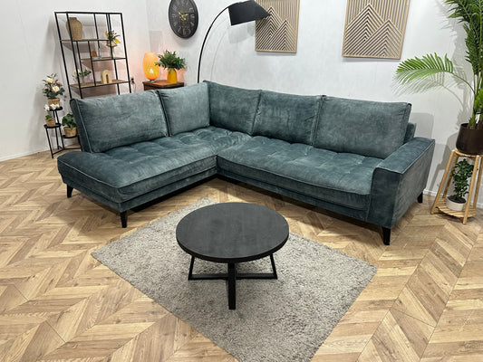 Blauwe/Grijze Velvet Hoekbank ~ Losse Rugkussens Met Afneembare Hoezen
