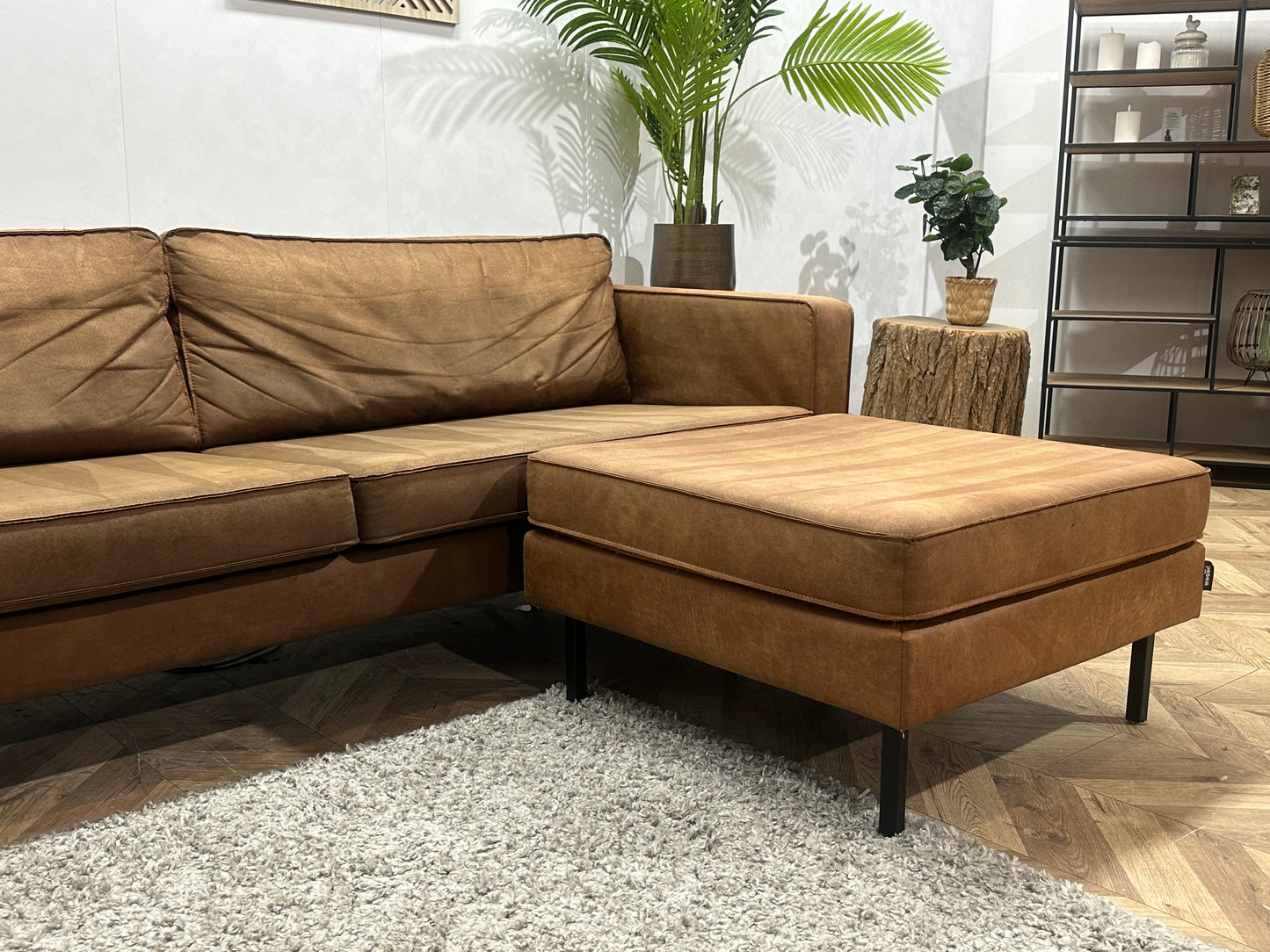 Woood Cognac Bruine Suède Stoffen Hoekbank Inc Fauteuil ~ Losse Kussens Met Afneembare Hoezen