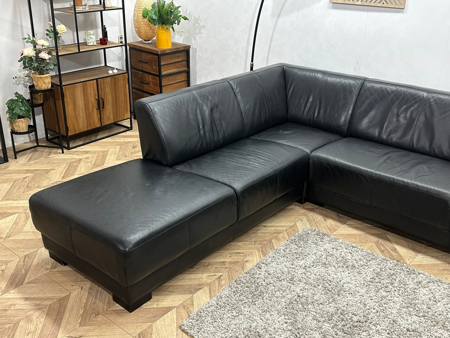 Zwart Echte Lederen Hoekbank ~ Vaste Kussens