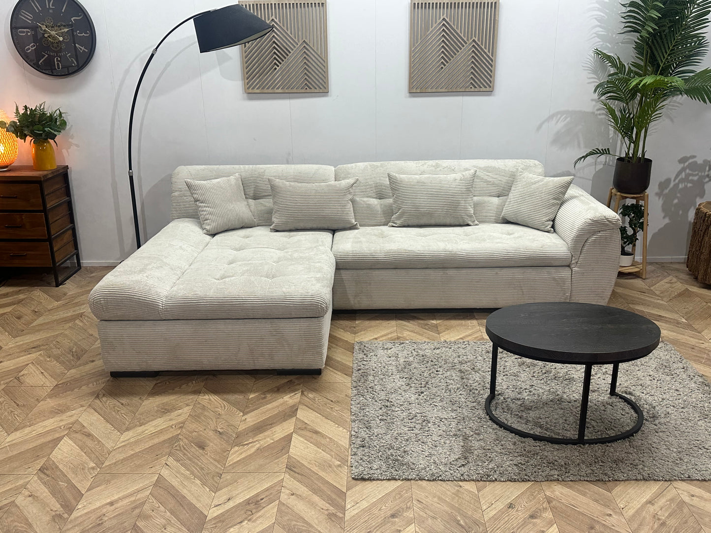 !Showroommodel! Witte Ribstof Hoekbank ~ Slaapfunctie