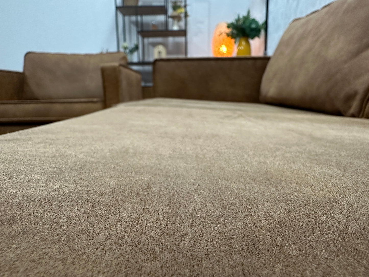 Be Pure Cognac Bruine Suède Stoffen 3-Zits Bank Inc Fauteuil ~ Losse Kussens Met Afneembare Hoezen