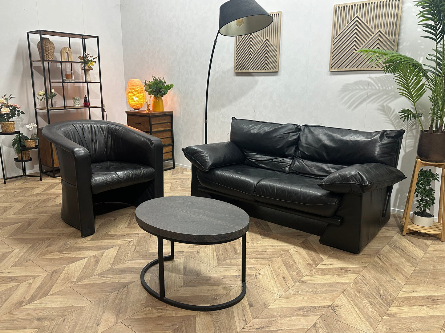 Zwarte Echt Lederen 2-Zits Inc Fauteuil ~ Vaste Kussens