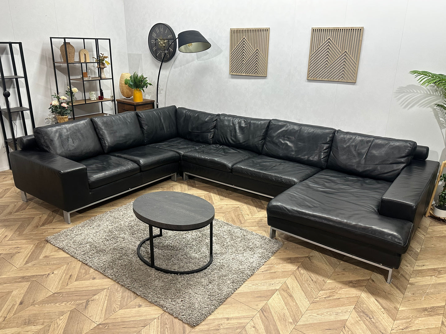 Leatherworld Zwarte Echt Lederen U Bank ~ Losse Kussens Met Afneembare Hoezen