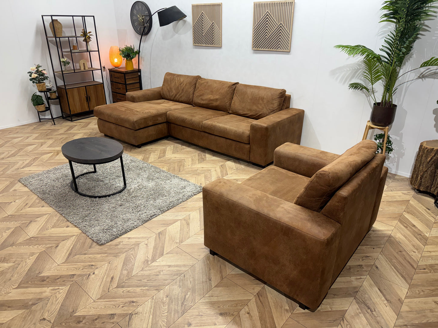 Cognac Bruine Suède Lederen Hoekbank Incl. Fauteuil