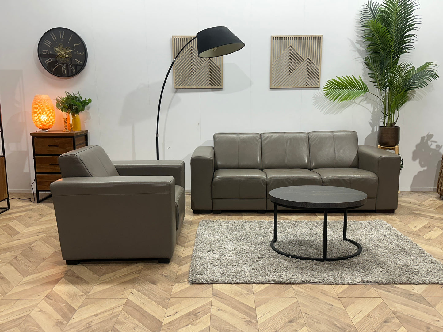 Taupe Echt Lederen 3-Zits Bank Inc Fauteuil ~ Vaste Kussens