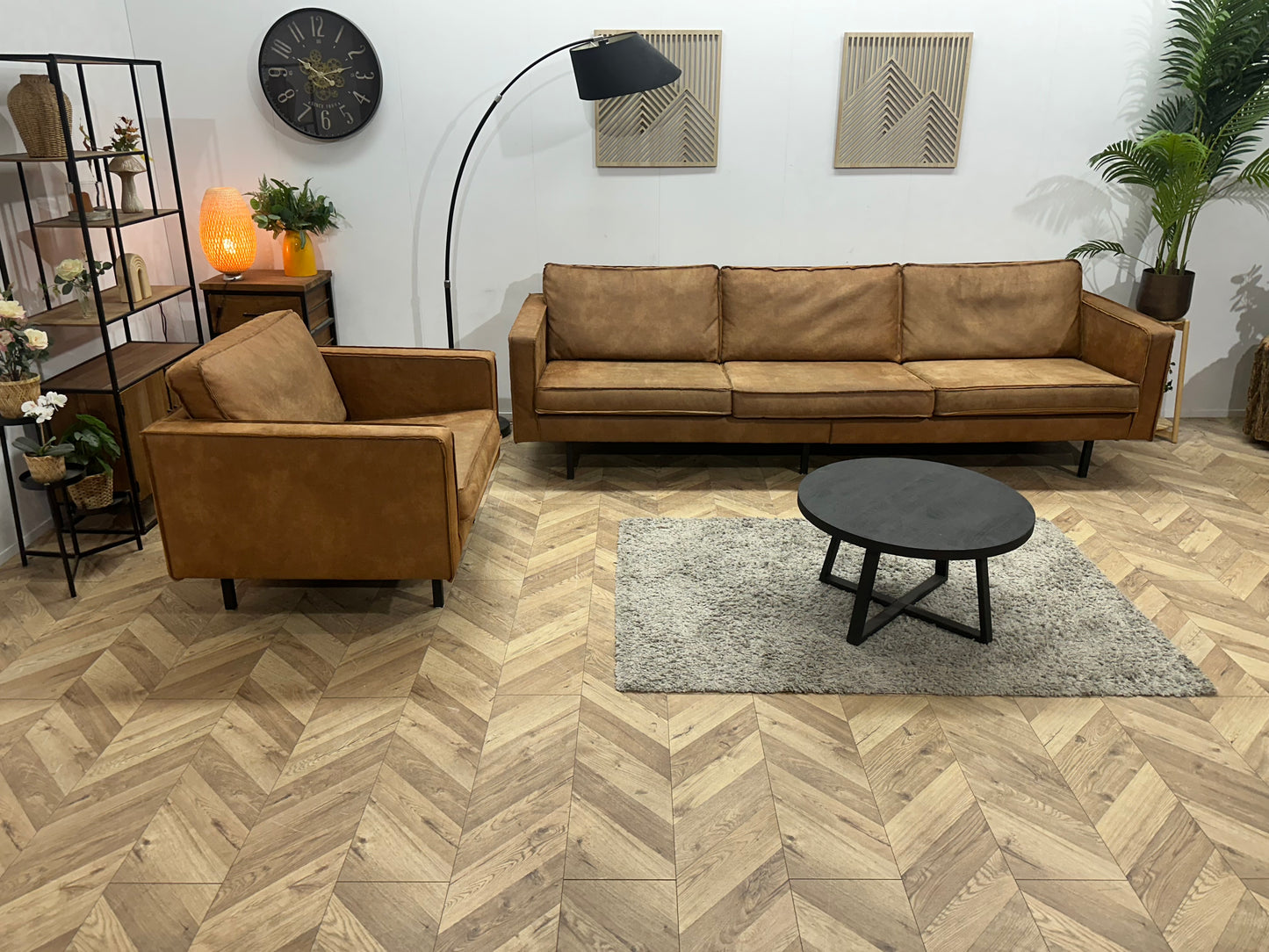 Be Pure Cognac Bruine Suède Stoffen 3-Zits Bank Inc Fauteuil ~ Losse Kussens Met Afneembare Hoezen