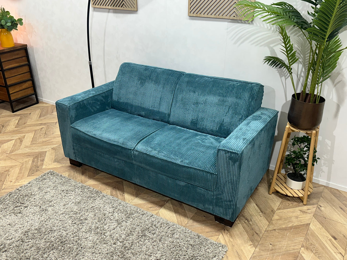 Blauwe Ribstof 2.5-Zits Bank ~ Vaste Kussens