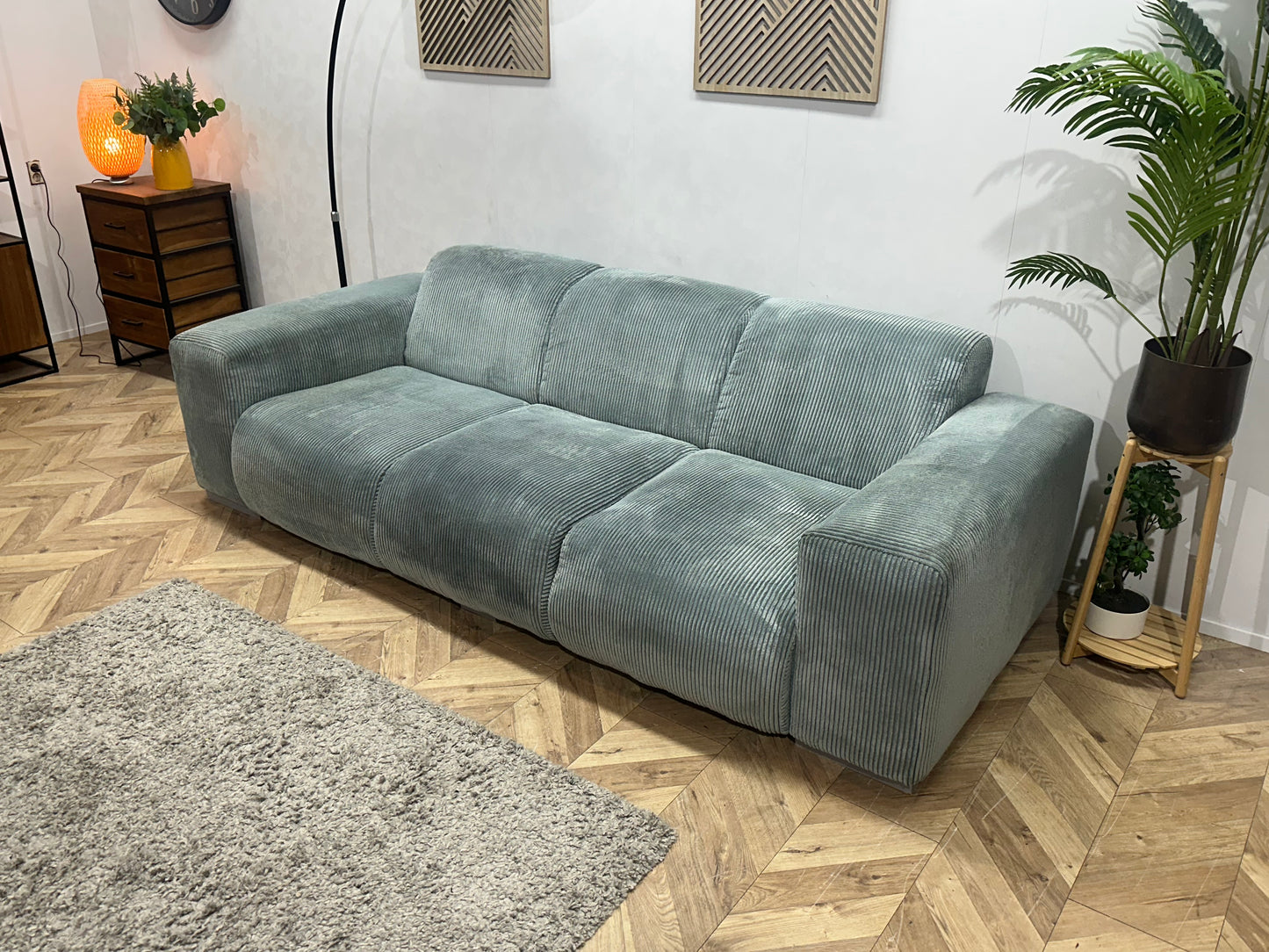 Licht Blauwe Ribstof 3-Zits Bank ~ Vaste Kussens