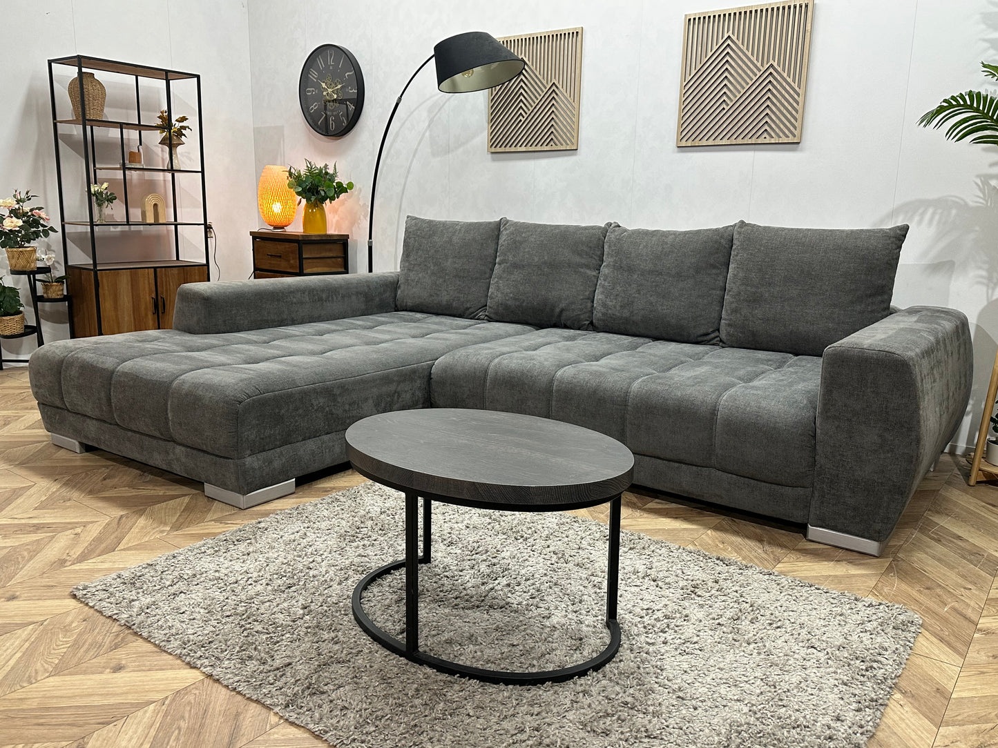 Antraciet Ruime Suede Stoffen Hoekbank ~ Nieuwstaat