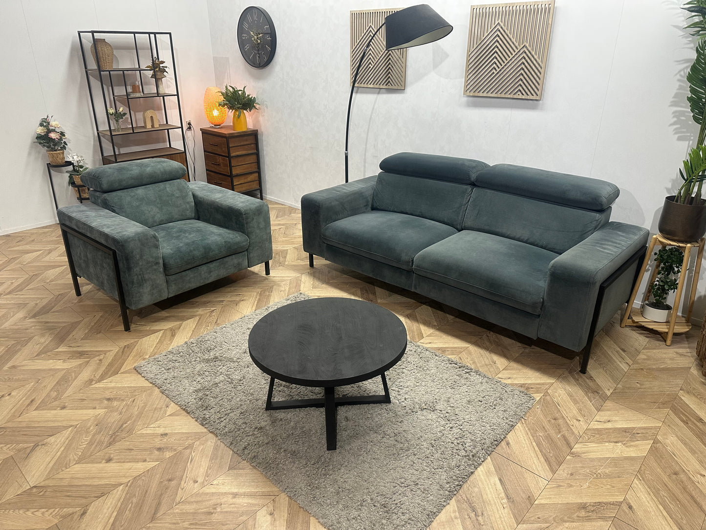 Feelings Blauw/Grijze Velvet 2,5-Zits Bank Inc Groen/Grijze Velvet Fauteuil ~ Verstelbare Hoofdsteunen