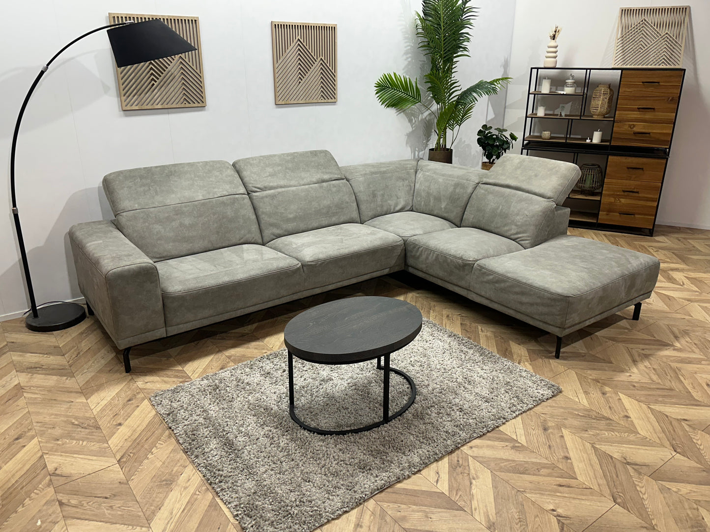 H&H Grijze Suède Stoffen Hoekbank ~ Verstelbare Hoofdsteunen