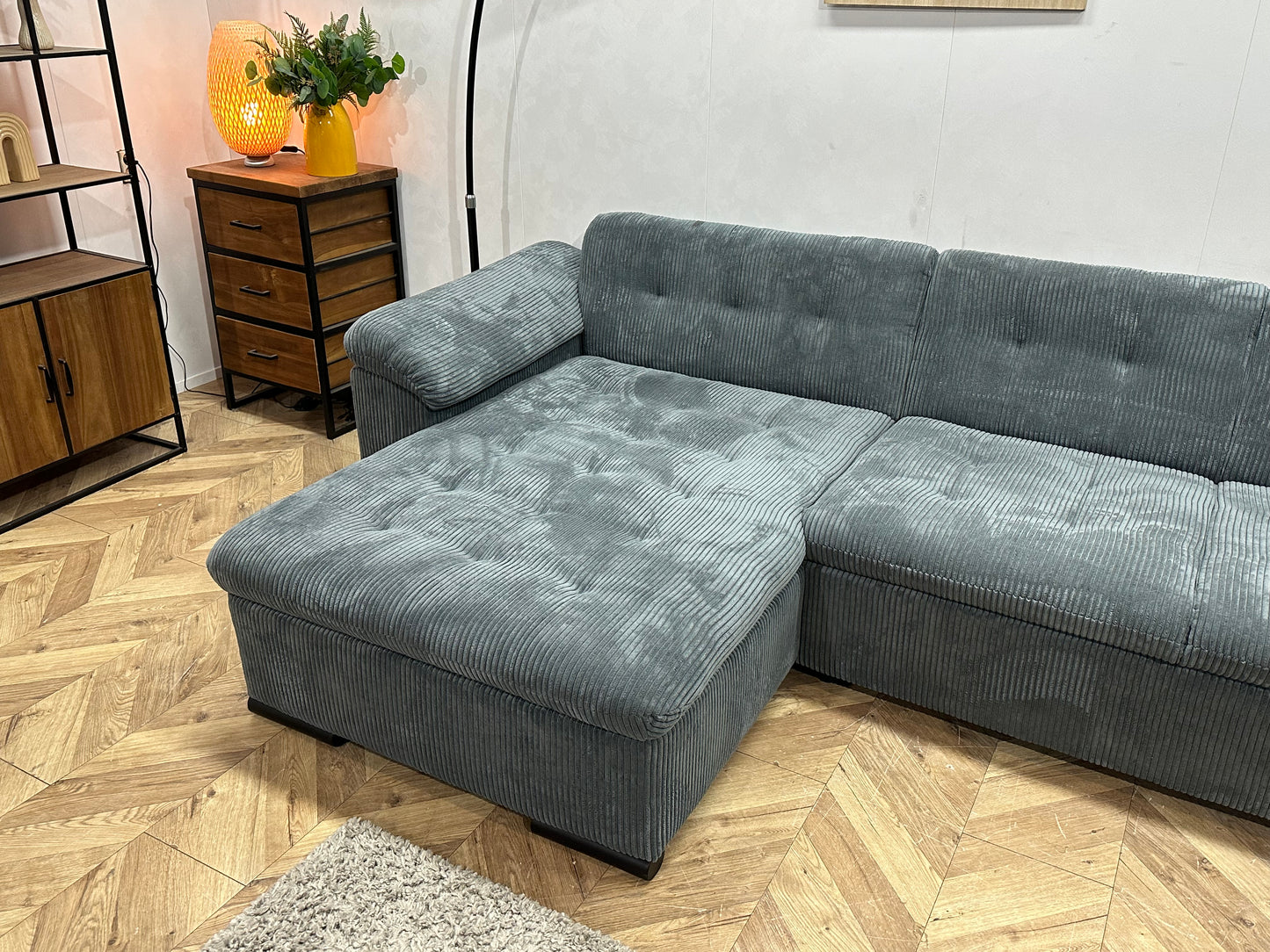 !Showroommodel! Blauwe Ribstof U Bank ~ Vaste Kussens