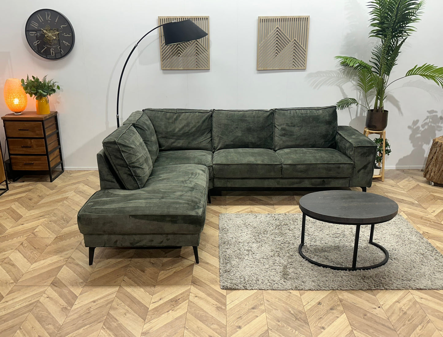 Groene Velvet Hoekbank ~ Losse Rugkussens Met Afneembare Hoezen