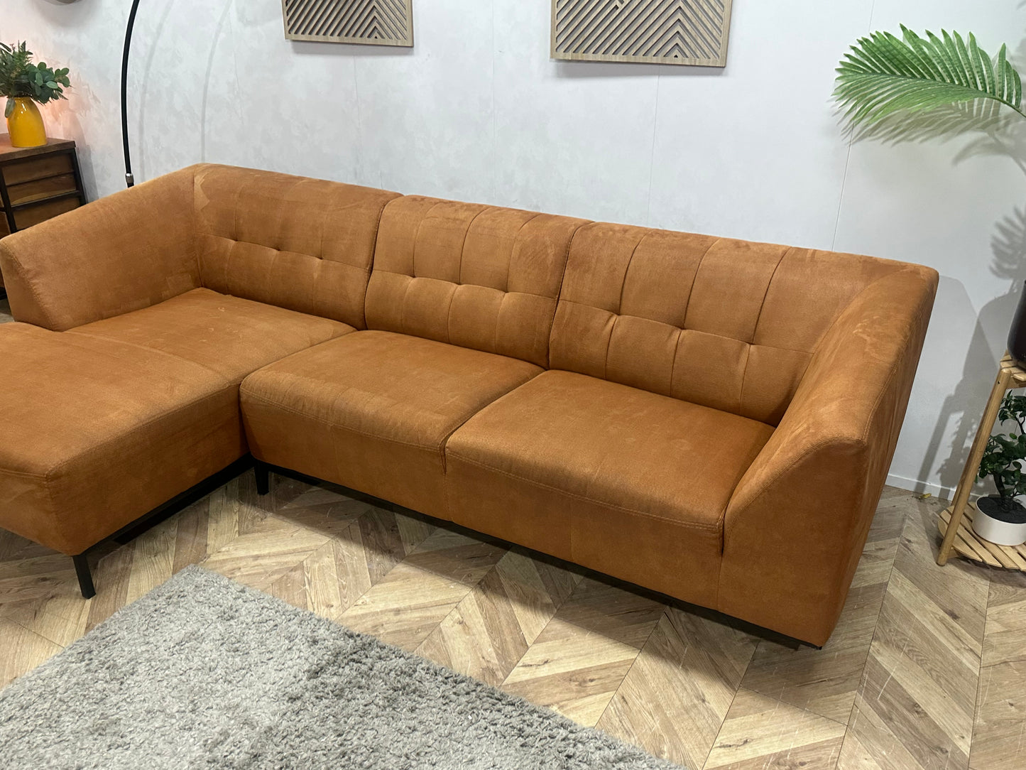 Cognac Bruine Suède Stoffen Hoekbank ~ Vaste Kussens