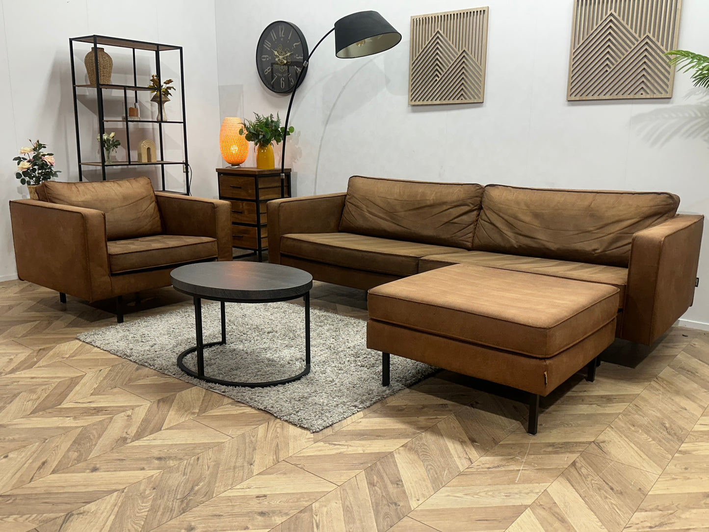 Woood Cognac Bruine Suède Stoffen Hoekbank Inc Fauteuil ~ Losse Kussens Met Afneembare Hoezen