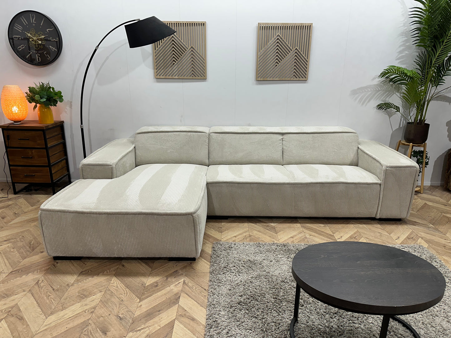 !Showroommodel! Crème Ribstof Hoekbank ~ Vaste Kussens