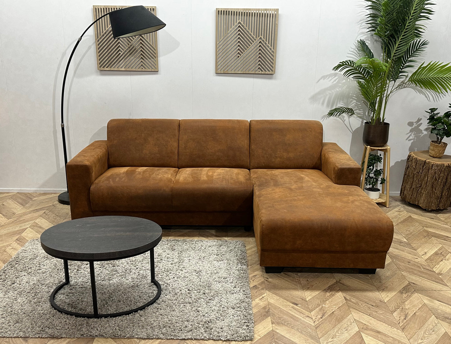 Cognac Bruine Suède Stoffen Hoekbank ~ Vaste Kussens