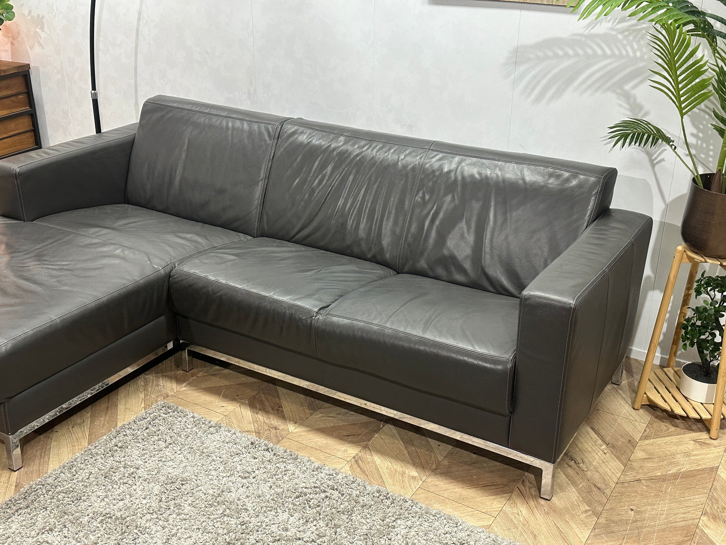 Montèl Antraciet Echt Lederen Hoekbank ~ Vaste Kussens