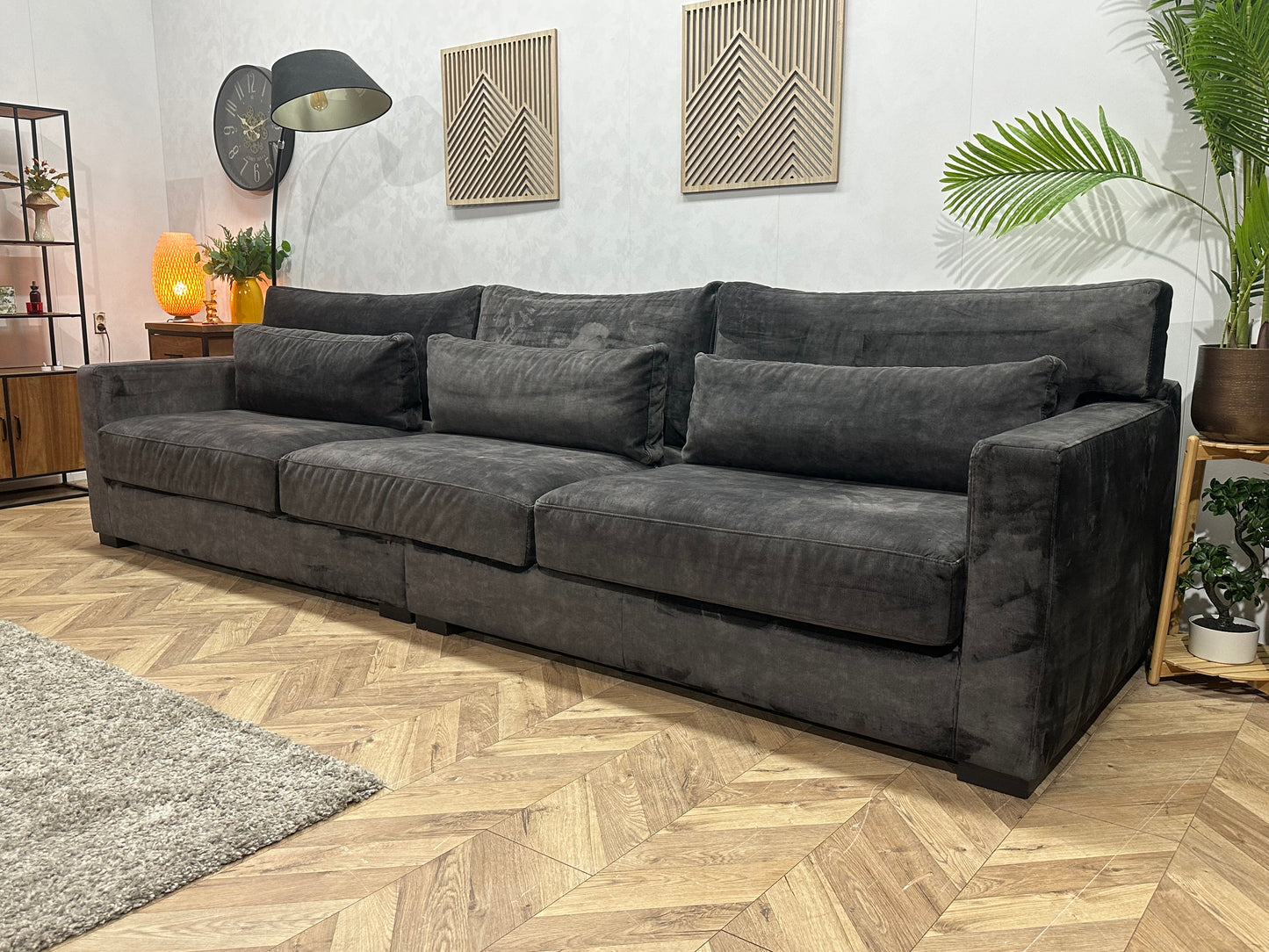 Antraciet Ruime Velvet 3-Zits Bank Inc Hocker ~ Losse Kussens Met Afneembare Hoezen