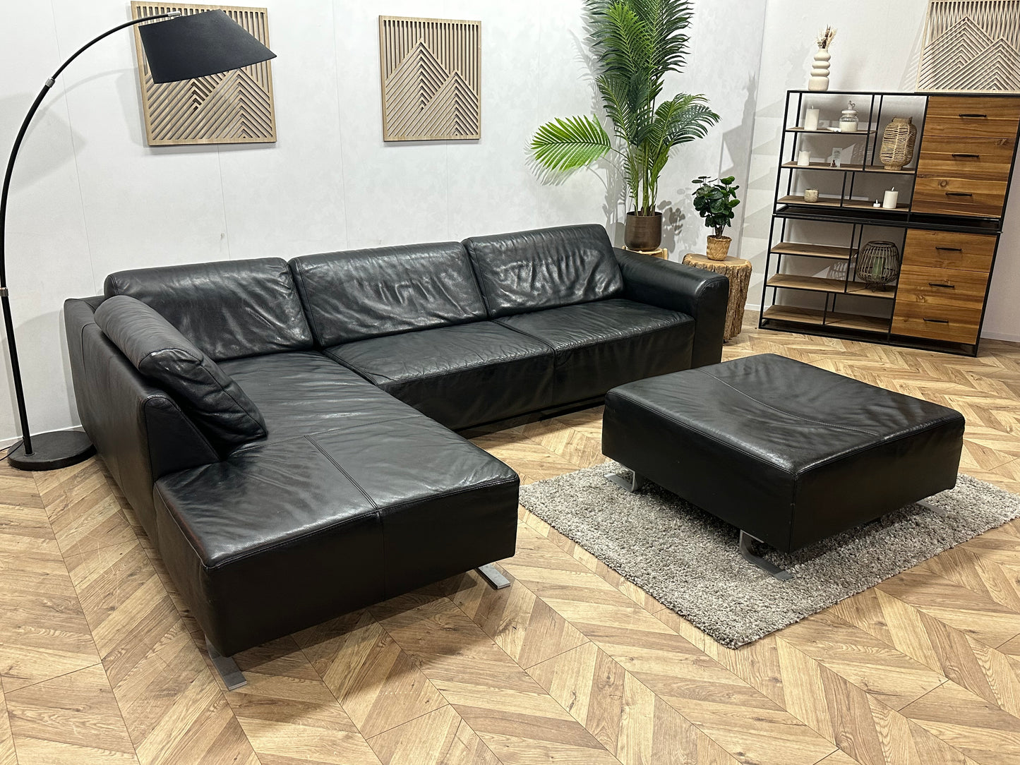 Zwarte Echt Lederen Hoekbank Inc Hocker ~ Vaste Kussens