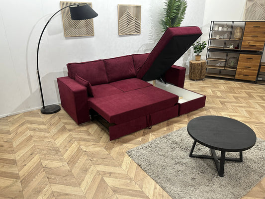 Bordeaux Rode Velvet Hoekbank ~ Slaapfunctie