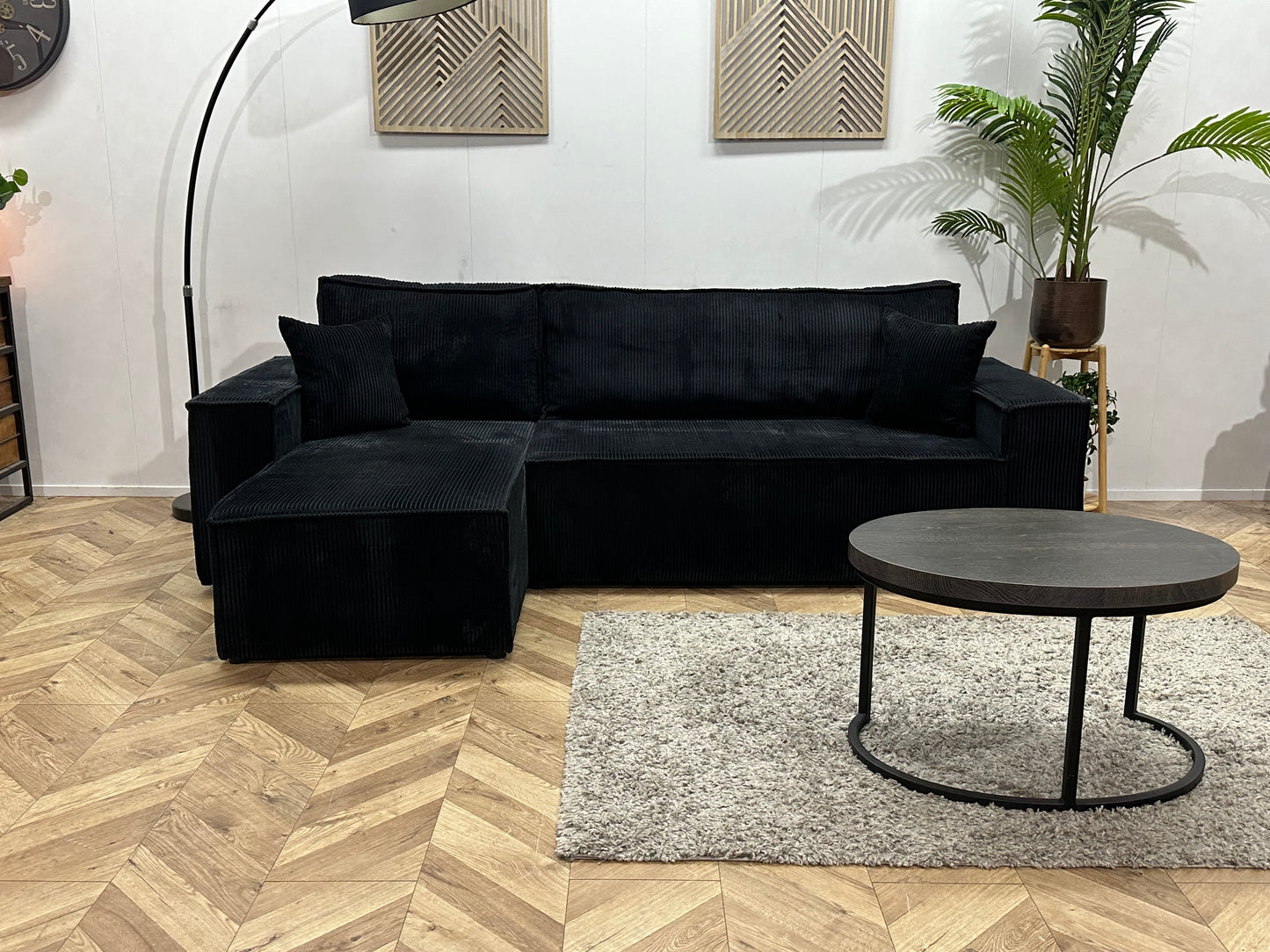 !Showroommodel! Zwarte Ribstof Hoekbank ~ Slaapfunctie