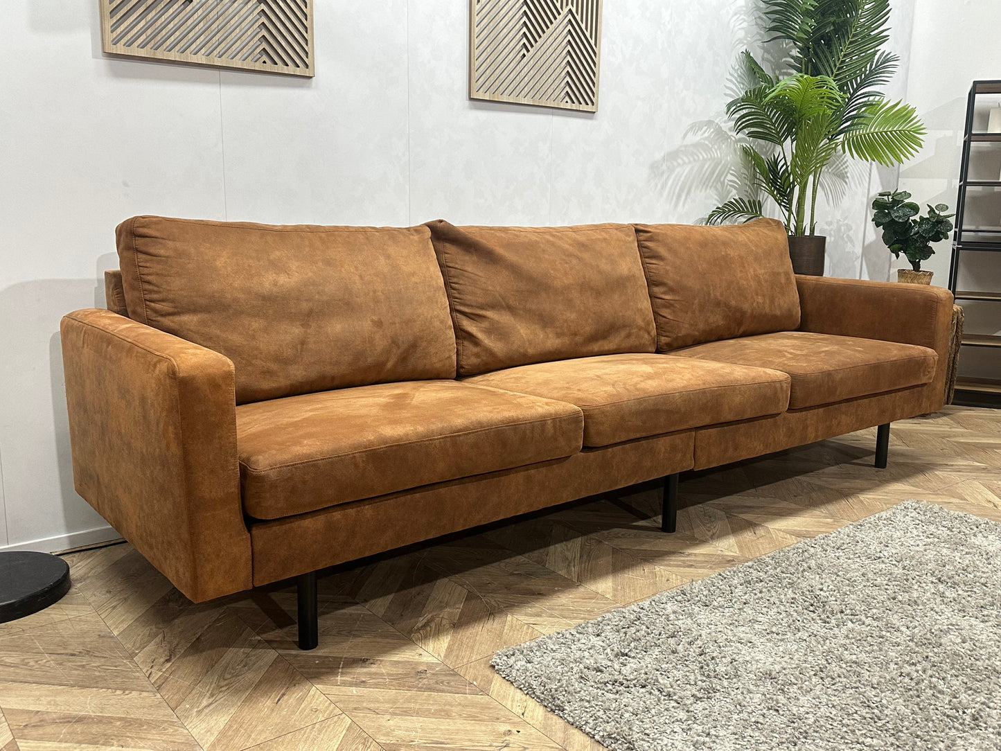 Cognac Bruine Suède Stoffen 3-Zits Bank ~ Losse Kussens Met Afneembare Hoezen