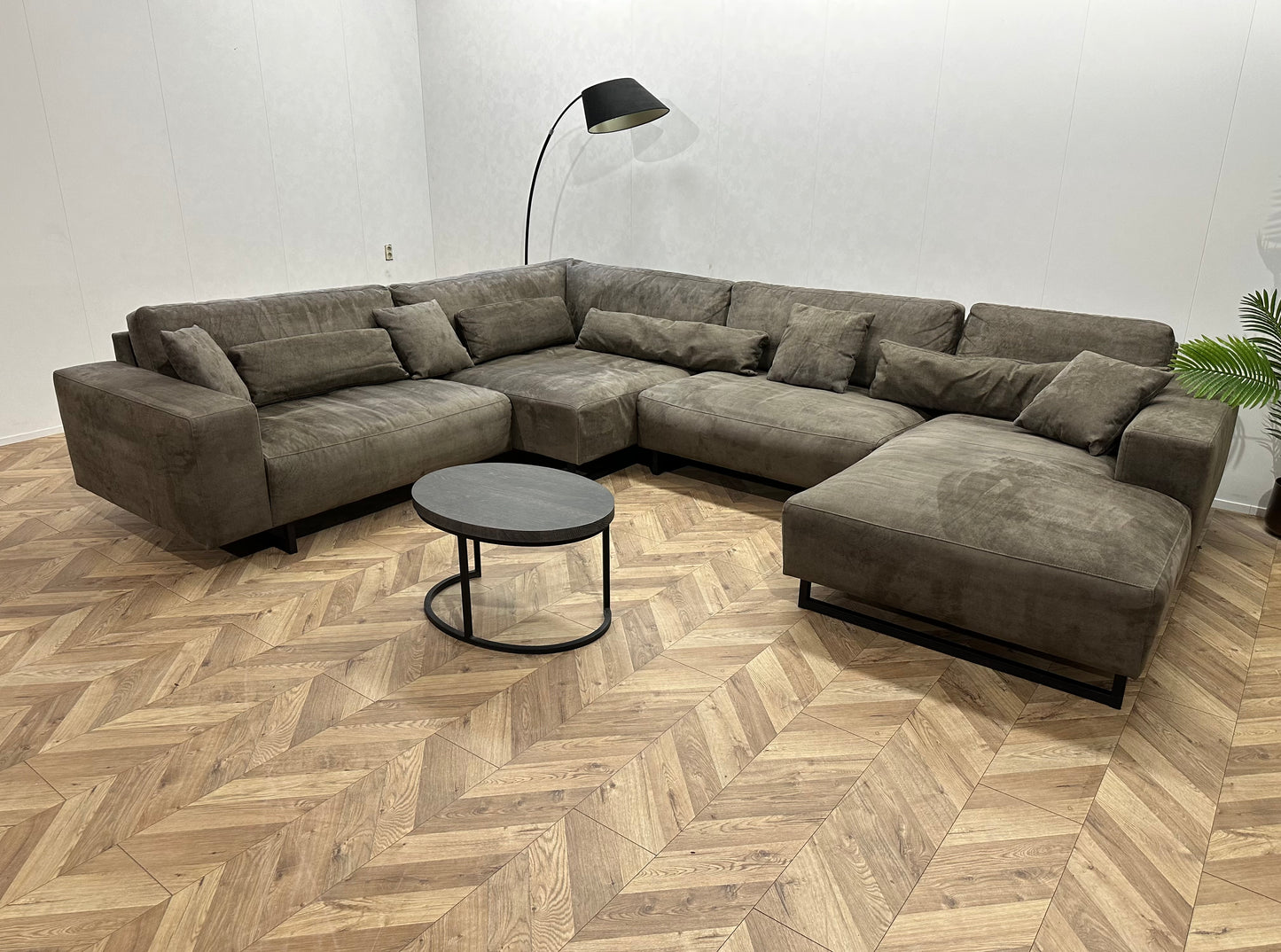 Suède Leather Look Leger Groene U Bank ~ Losse Rugkussens Met Afneembare Hoezen
