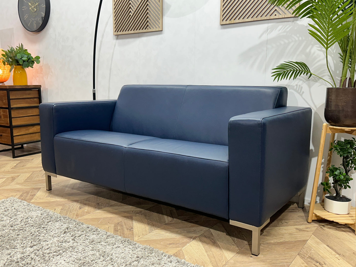 Montèl Blauwe Echt Lederen 2.5-Zits Bank ~ Vaste Kussens