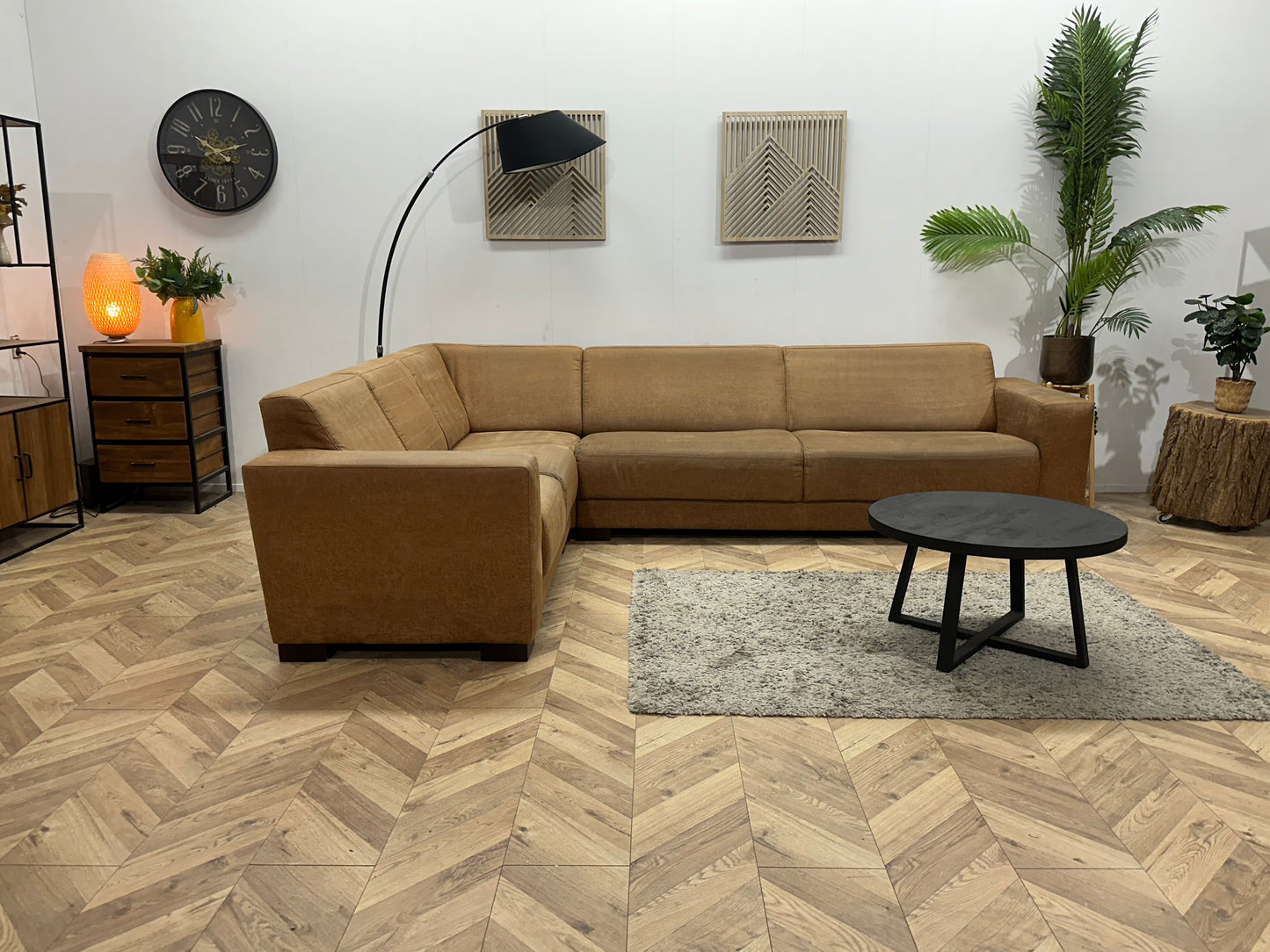 Cognac Bruine Suède Stoffen Hoekbank ~ Vaste Kussens