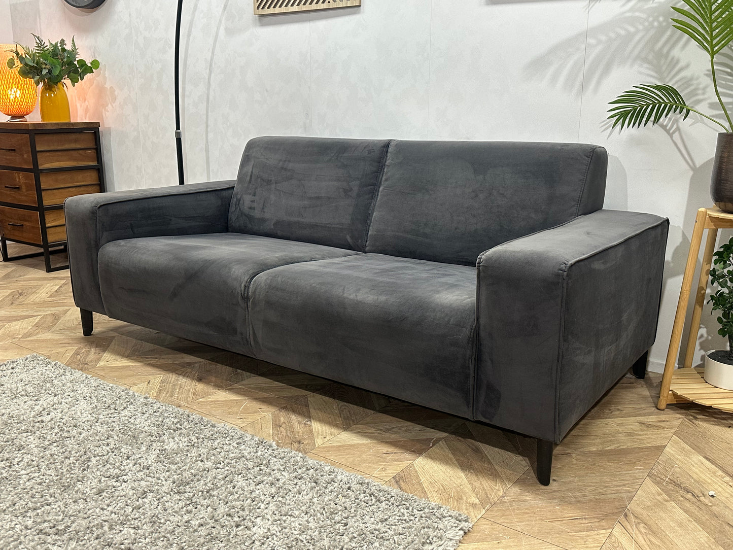 Antraciet Velvet 2.5-Zits Bank ~ Vaste Kussens