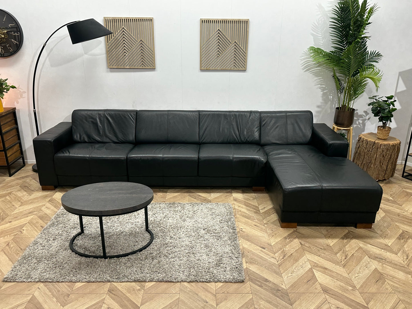 Zwarte Echt Lederen Hoekbank ~ Vaste Kussens