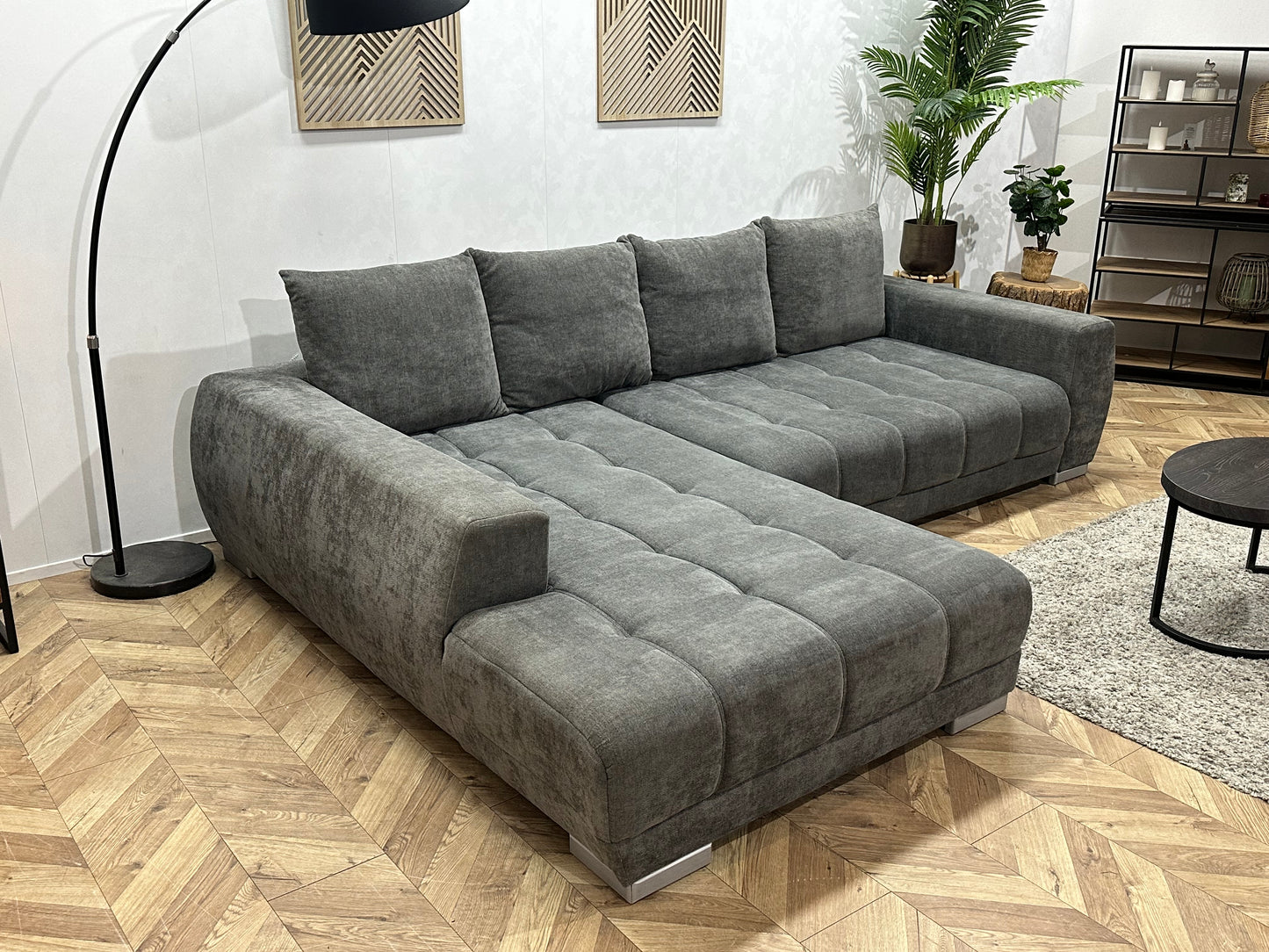 Antraciet Ruime Suede Stoffen Hoekbank ~ Nieuwstaat