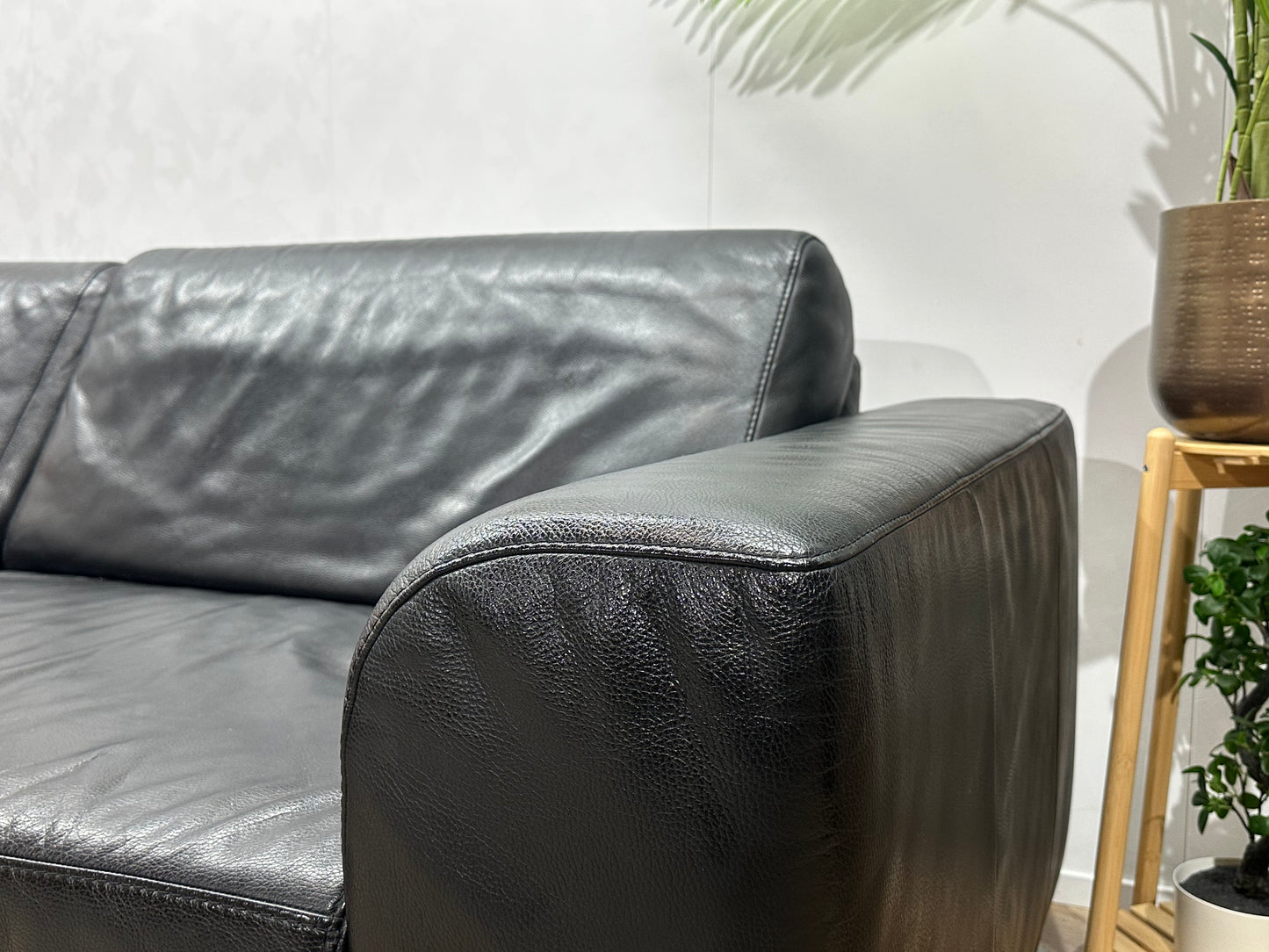 Zwarte Echt Lederen Hoekbank Inc Hocker ~ Vaste Kussens