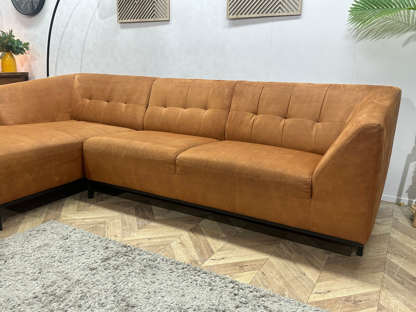 Cognac Bruine Suède Stoffen Hoekbank ~ Vaste Kussens