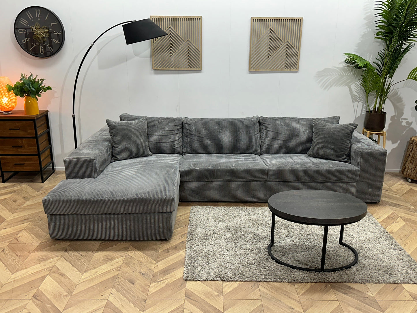 Licht Grijze Ribstof Hoekbank ~ Losse Kussens Met Afneembare Hoezen