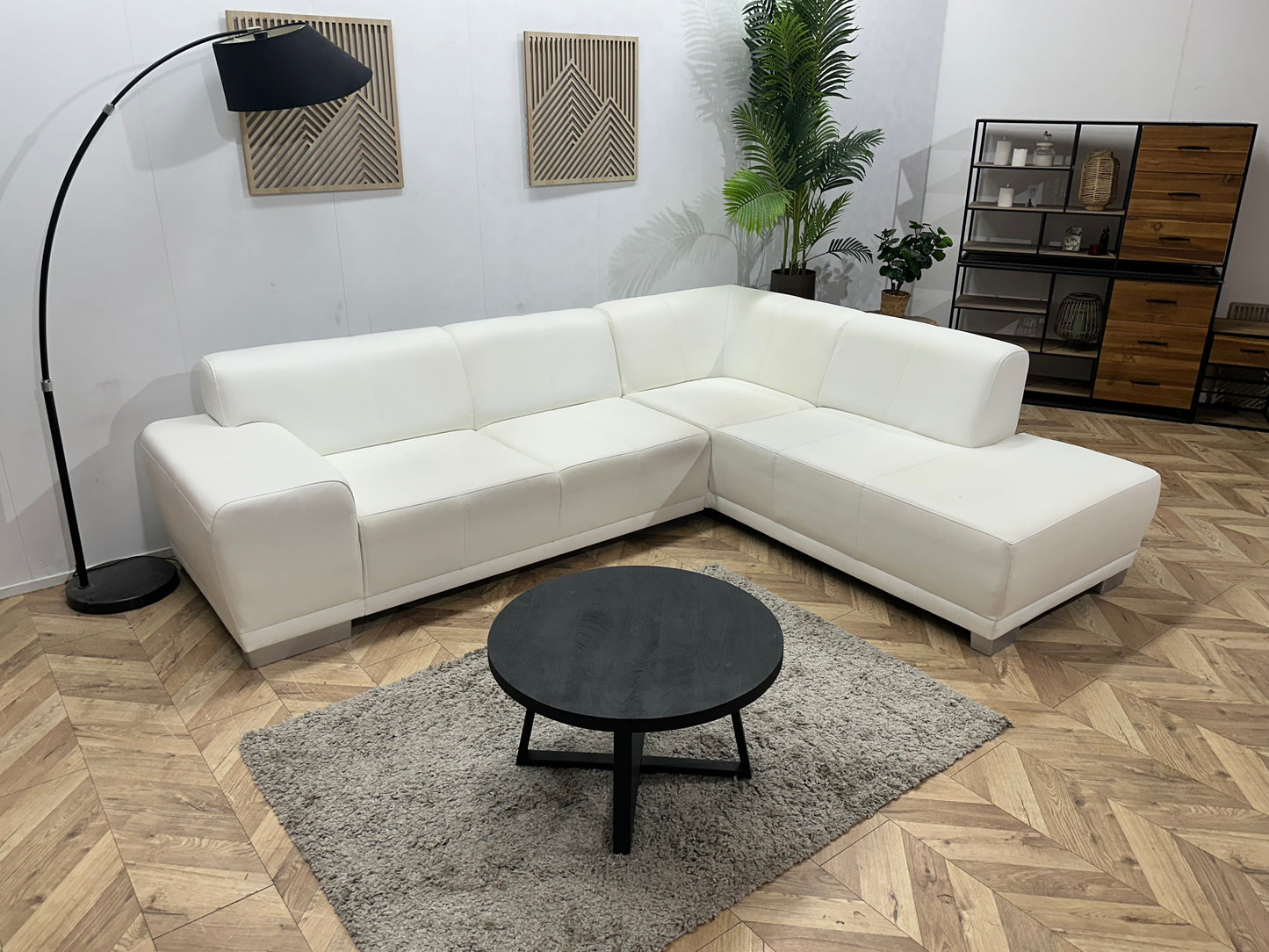 Witte Leather Look Hoekbank ~ Vaste Kussens