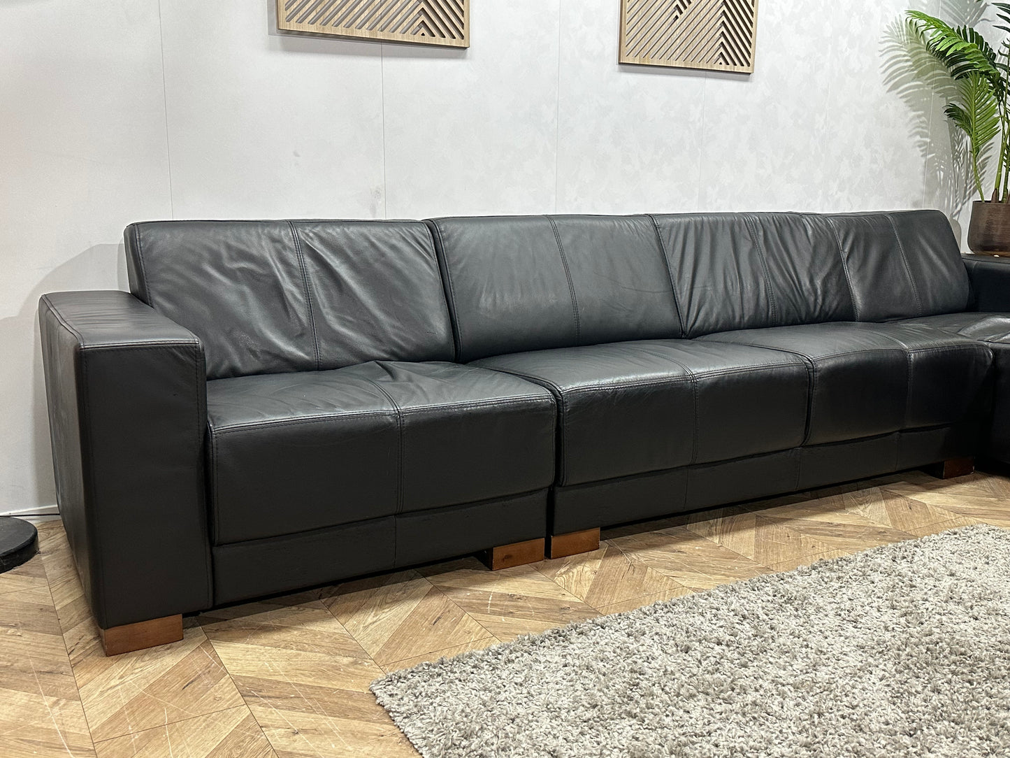 Zwarte Echt Lederen Hoekbank ~ Vaste Kussens