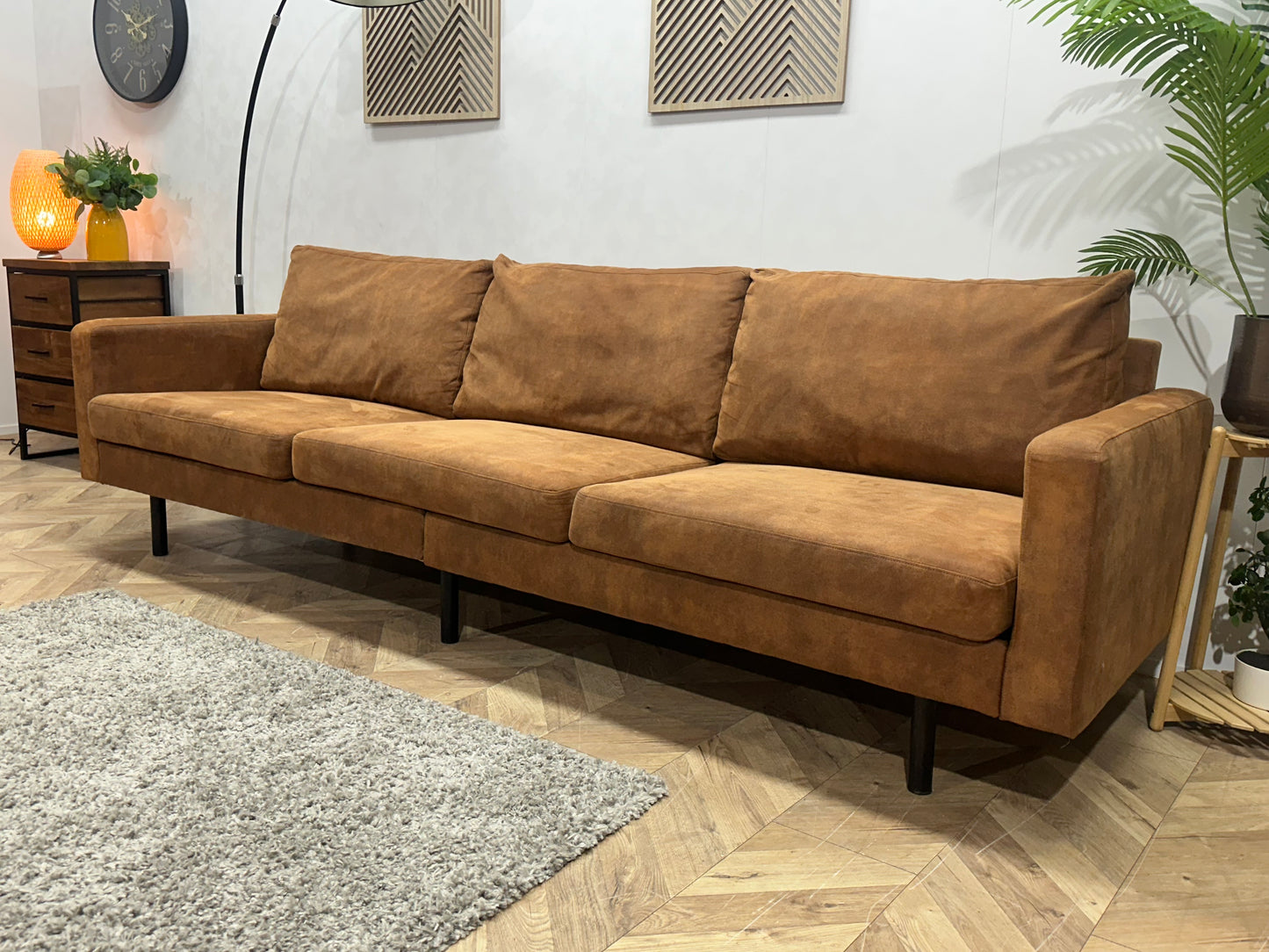 Cognac Bruine Suède Stoffen 3-Zits Bank ~ Losse Kussens Met Afneembare Hoezen