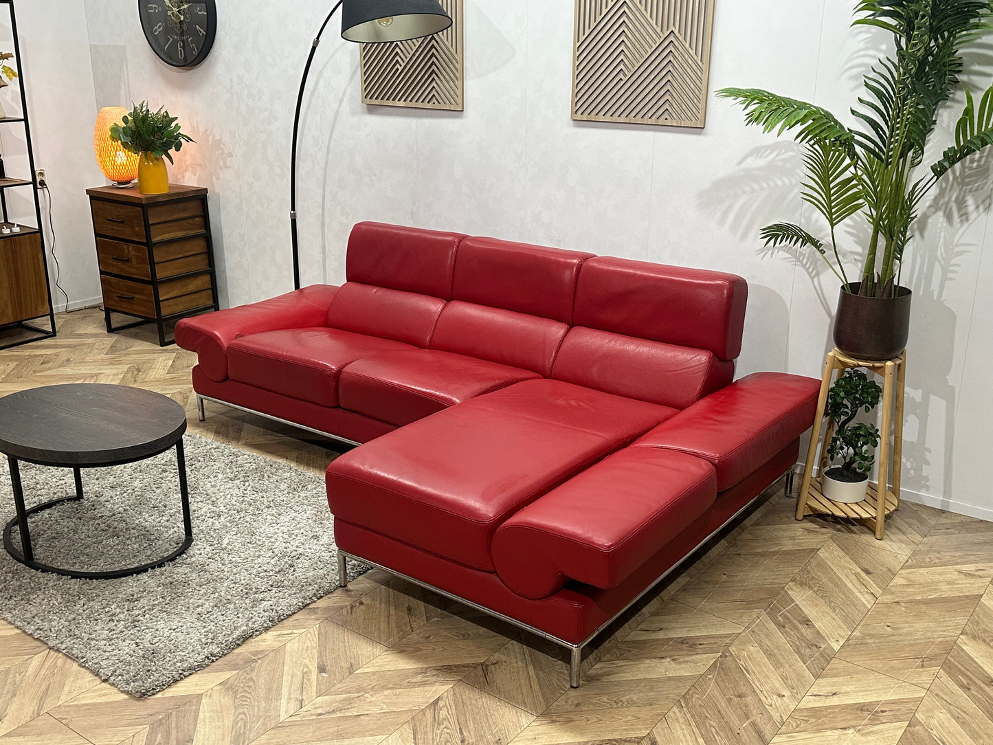 Rode Echt Lederen Hoekbank ~ Verstelbare Arm/Hoofdsteunen