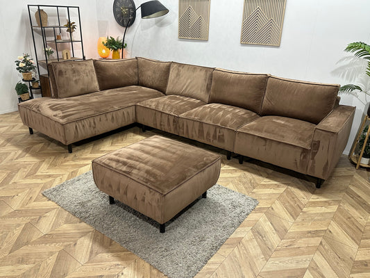 Bruine Ruime Velvet Hoekbank Inc Hocker ~ Losse Rugkussens Met Afneembare Hoezen