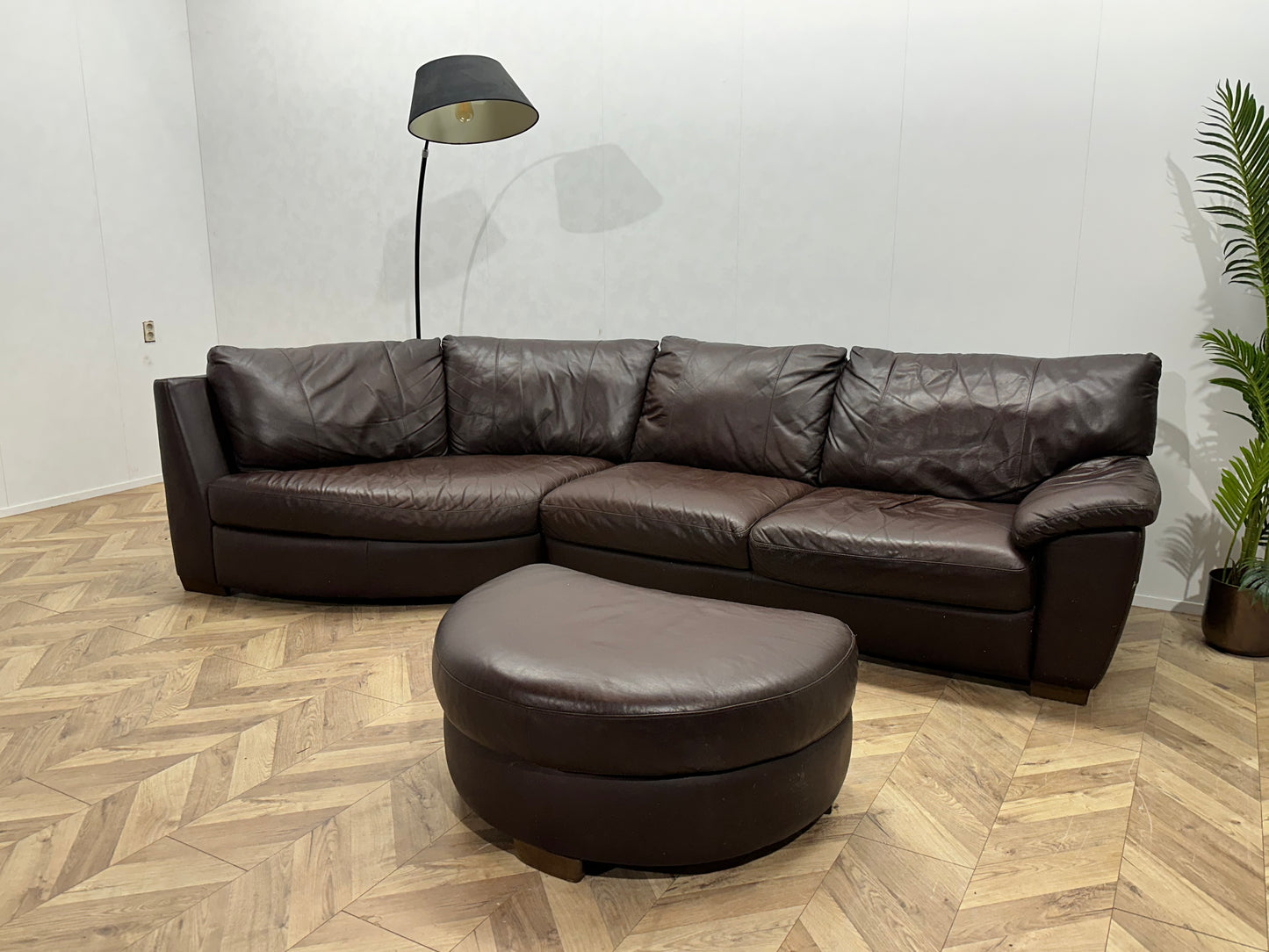 Bruine Echt Lederen Design Hoekbank Inc Hocker ~ Vaste Kussens