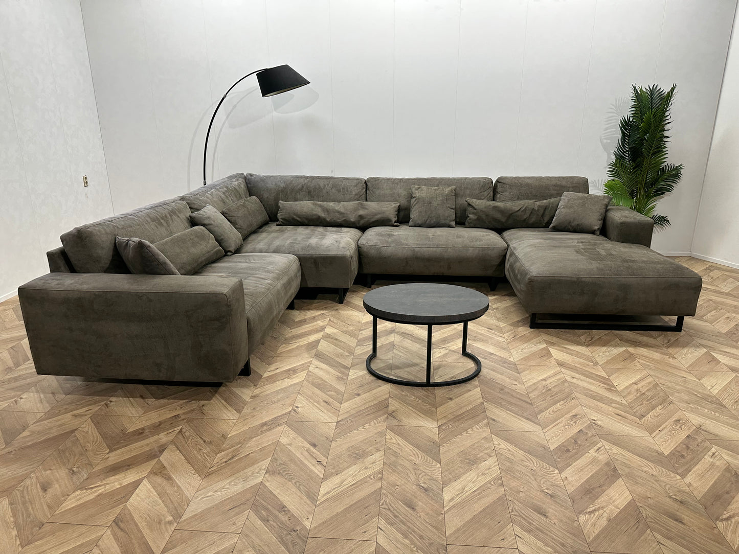 Suède Leather Look Leger Groene U Bank ~ Losse Rugkussens Met Afneembare Hoezen