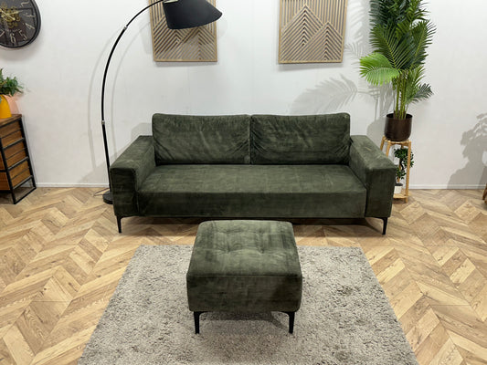 Groene Velvet 2.5-Zits Bank Inc Hocker ~ Losse Rugkussens Met Afneembare Hoezen