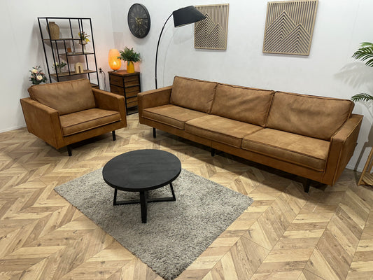 Be Pure Cognac Bruine Suède Stoffen 3-Zits Bank Inc Fauteuil ~ Losse Kussens Met Afneembare Hoezen