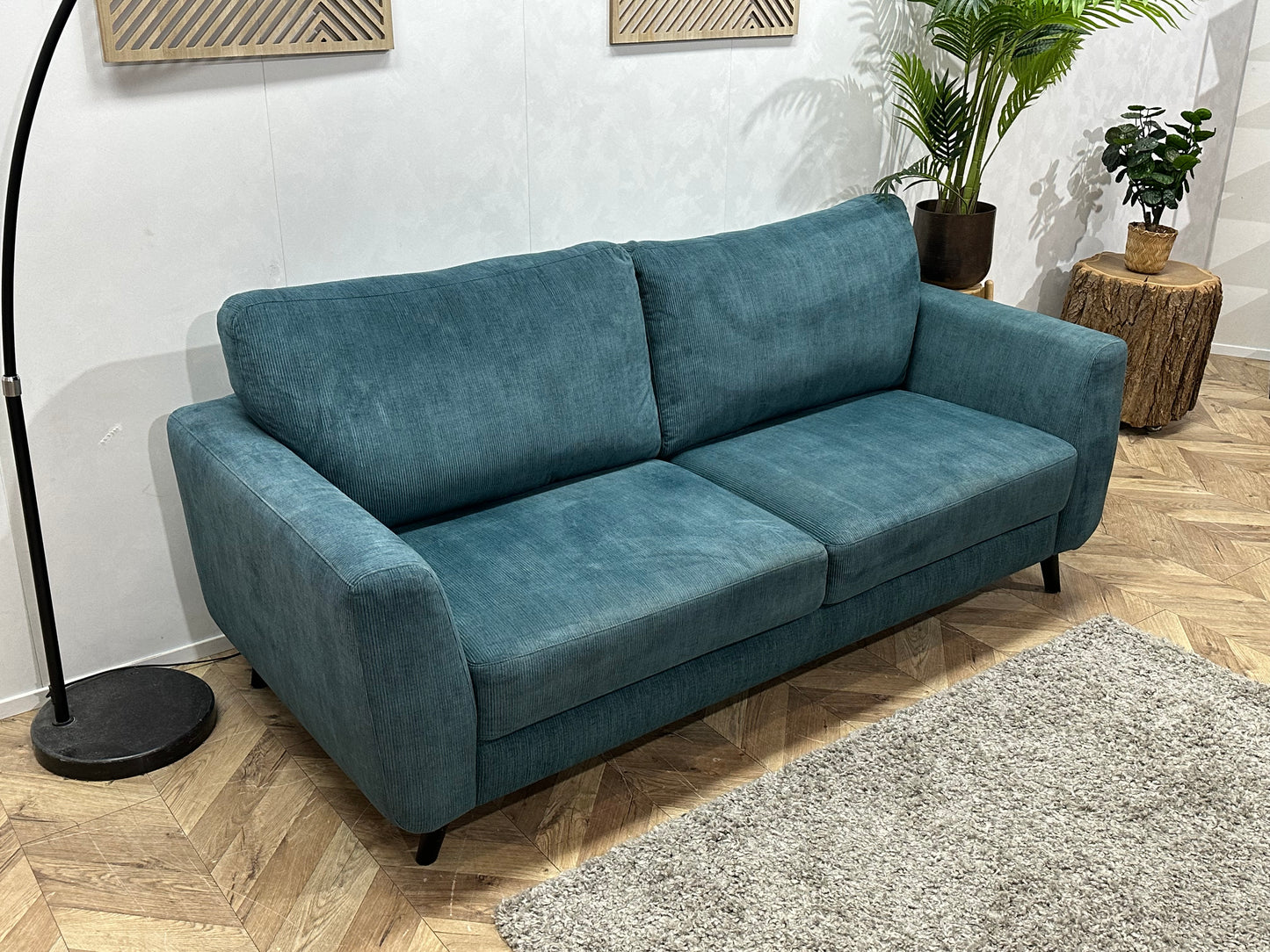 Blauwe Ribstof 2.5-Zits Bank ~ Losse Rugkussens Met Afneembare Hoezen