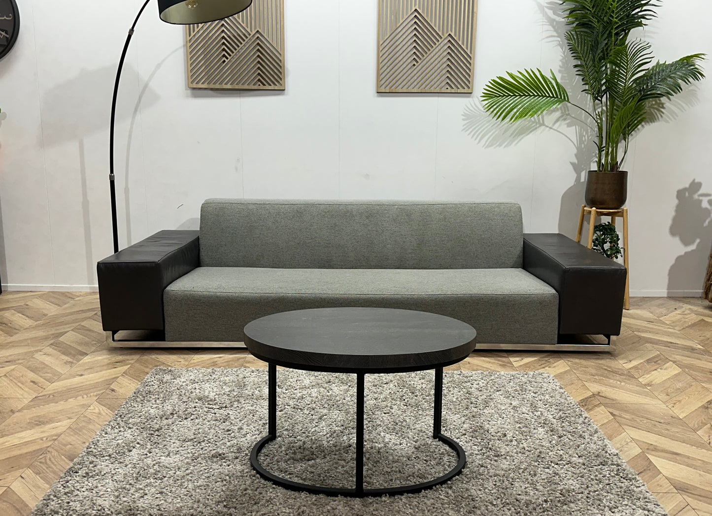 Licht Grijze/Antraciet Stoffen/Echt Lederen Design 2.5-Zits Bank ~ Vaste Kussens